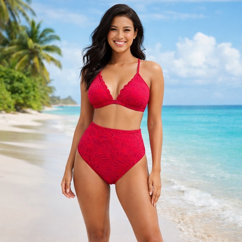 Cupshe Red Pink Floral Scalloped High Waisted Bikini Set  Swimsuit NWT L